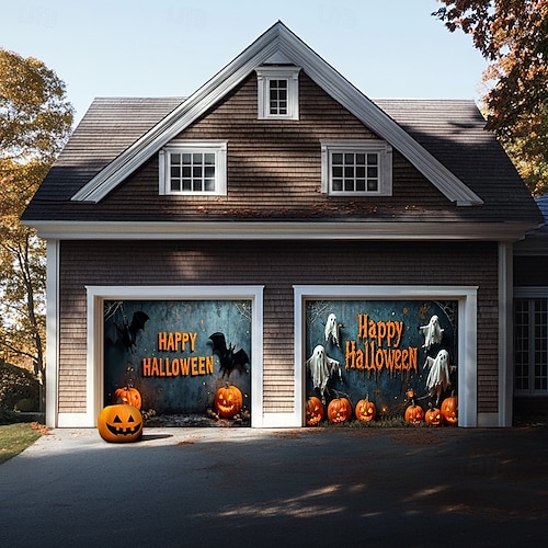  Halloween Garagentorabdeckung Banner Hintergrund – "Frohes Halloween" Szene mit Kürbissen und Fledermäusen übergroß für Garagentore inkl. einfach aufzuhängende Hardware Außendekoration für Halloween