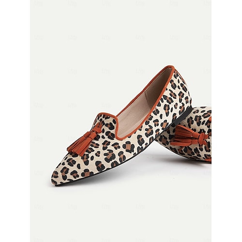  Dámské balerínky s leopardím vzorem a střapci - retro styl s špičatou špičkou, oranžovým lemováním a blokovým podpatkem pro každodenní nošení &neformální výlety