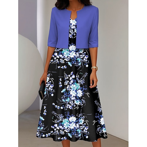  Femmes Robe Ensemble Robe Midi Vacances Fête Fleuri Imprimé Robe Midi Manche 3/4 Col ras du cou Quotidien Jaune Bleu Violet Printemps Automne Coupe régulière