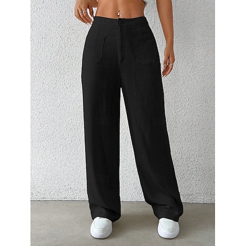  Mulheres Perna larga chinês Moda Básico Casual Comprimento total Cintura Média Côr Sólida Bolsos Conforto Exterior Sem Elasticidade Férias Rua Diário Preto Branco Azul Damasco Verão Primavera Outono