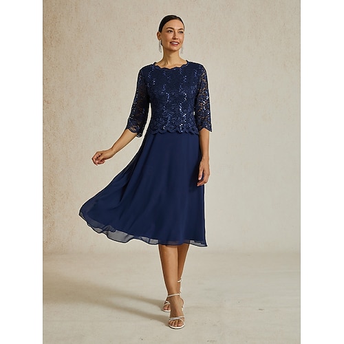  Femmes Robe Midi Robe en Chiffon Élégant Fête Anniversaire Coupe régulière Couleur Unie Manche 3/4 Col ras du cou bleu marine Été Printemps Automne