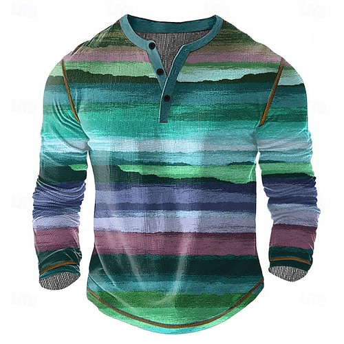 Homens Arco-Íris Geométrico Camisa Henley Camiseta Waffle Manga Longa Vintage Diário Retro Vintage Esportes Casual Feriado Primavera Verão Todas as Estações Marron Escuro Azul Verde Vinho Henley