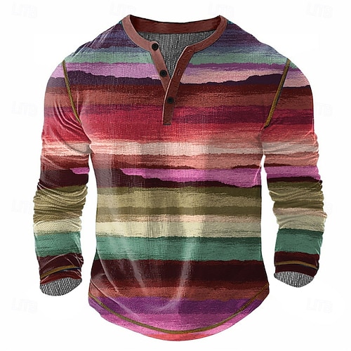  Homens Arco-Íris Geométrico Camisa Henley Camiseta Waffle Manga Longa Vintage Diário Retro Vintage Esportes Casual Feriado Primavera Verão Todas as Estações Marron Escuro Azul Verde Vinho Henley