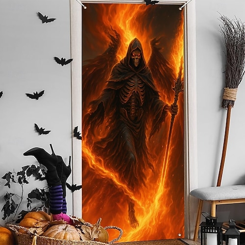  Halloween Dörrcover – Eldig Skelett i Lågor Spökhus Entré Banner Skrämmande Utomhus  Inomhus Dekoration för 2025 Halloween Sovrum Vardagsrum Badrum