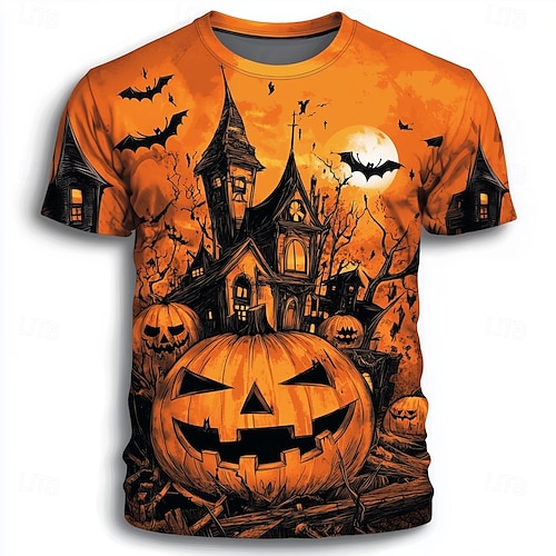  Halloween Herren Kürbis 3D T Shirt Kurzarm T-Shirt 3D-Druck Rundhalsausschnitt Hemd Übertrieben Designer Horror Party Straße Lässig Orange 3 Orange Orange 2 Sommer Frühling Herbst Bekleidung S M L XL