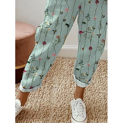  Femmes Chinos Vacances ancien Style Ethnique Longueur cheville Taille haute Fleuri Graphique Rayé Avec Poches Doux Extérieur Respirant Non Elastique Vacances Rue Décontracté Vert clair Été Printemps