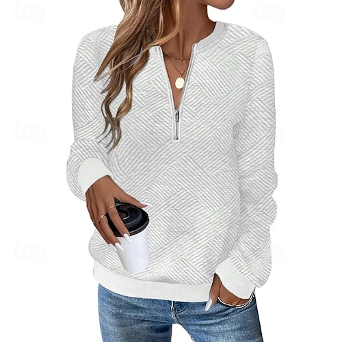  Mulheres Moletom com textura Pullover Tecido Roupa de rua Casual Confortável Manga Longa Decote V Tops regulares Rua Feriado Para Noite Meio zíper, um quarto de zíper Quarter Zip Preto Branco Rosa