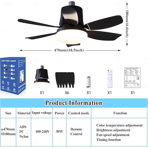 Socket Fan Light Ceiling Fan With Lights And Remote Control, 3 Colors Dimmable 6 Speeds Ceiling Fan, 1200 Lumens Light Bulb Screw In Socket Fan For Bedroom, Kitchen Wall Fan