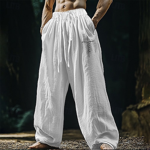  Men's Linen Pants Trousers Summer Pants Beach Pants Pocket Elastic Waist Drawstring Plain Comfort Breathable Vacation Daily Holiday Hawaiian Boho Black White