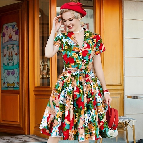 shirt dress retro 1950s Retro Vintage Knee Length Swing Dress Flare Dress Shirt Dress With  Belt Button Down Floral Fancy Dress Women's Vacation Daily Wear Retro Theme  Party Adults' Dress 2026
