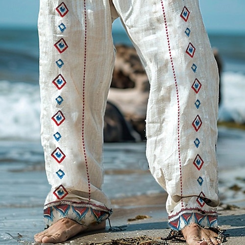  Men's Linen Pants Trousers Summer Pants Beach Pants Patchwork Elastic Waist Straight Leg Geometric Comfort Breathable Full Length Casual Daily Holiday Vacation Fashion White