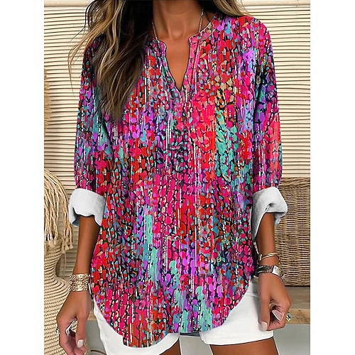  Blouse Tunique Femme Col V Manches Longues Boho Décontractée Tops Ombre Graphique Vintage Tropical Tops Normaux Imprimé Quotidien Bleu Violet Orange Vert