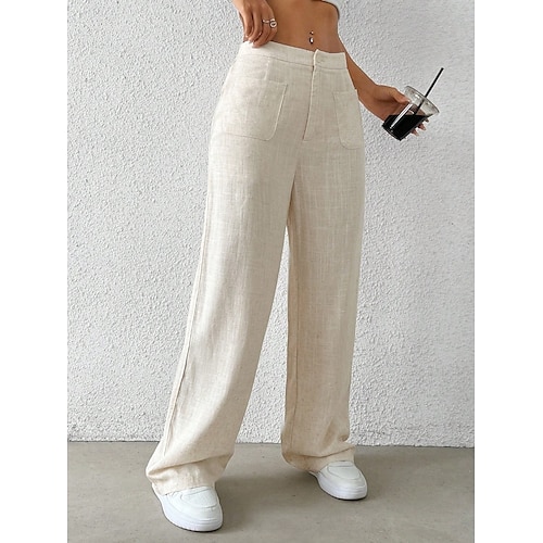  Mulheres Perna larga chinês Moda Básico Casual Comprimento total Cintura Média Côr Sólida Bolsos Conforto Exterior Sem Elasticidade Férias Rua Diário Preto Branco Azul Damasco Verão Primavera Outono