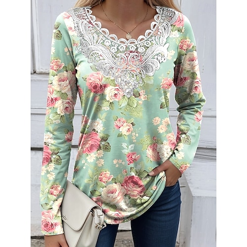  Blouse femme tunique en dentelle splicing col en V à manches longues graphique floral plantes vintage col crew tops réguliers quotidienne sortie weekend impression patchwork noire rouge bleu ciel