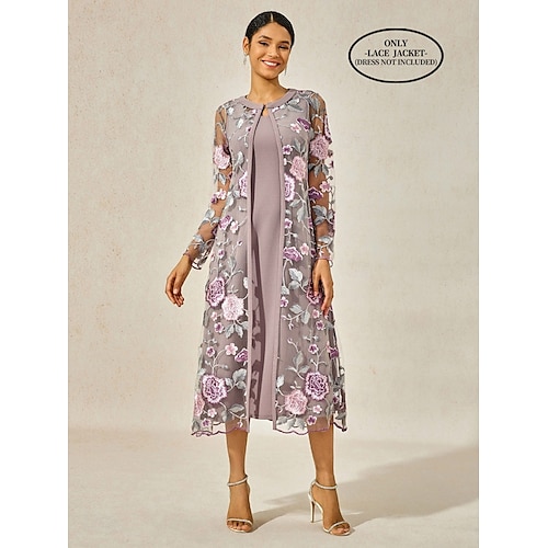  Pentru femei Lungimea ceaiului Rochie de Cocktail Set de rochii Rochie pentru invitata de nunta Rochie A line Elegant Oficial Nuntă Petrecere Fit regulat Floral Manșon Lung Stil Nautic Roz gri Var