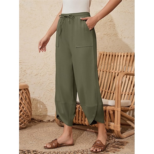  Damen Hose aus Baumwollleinen Chinos Mode Basic Volle Länge Hohe Taille Einfach Tasche Kordelzug Komfort Außenbereich Mikroelastisch Urlaub Straße Täglich Armee-Grün Schwarz Blau Khaki Sommer