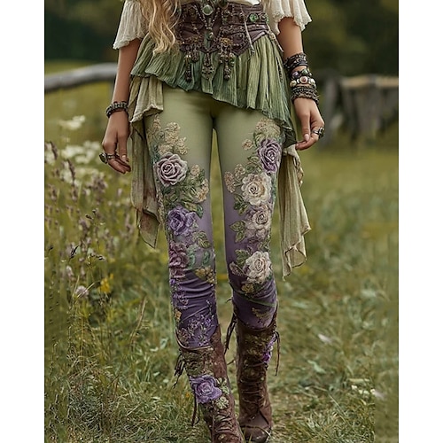  Femmes Pantalons Leggings Leggings confortables Occasionnel Boho Longueur complète Taille haute Fleur Taille Élastique Imprimé Respirabilité Confortable Élastique Vacances Rue Tenue quotidienne Rose