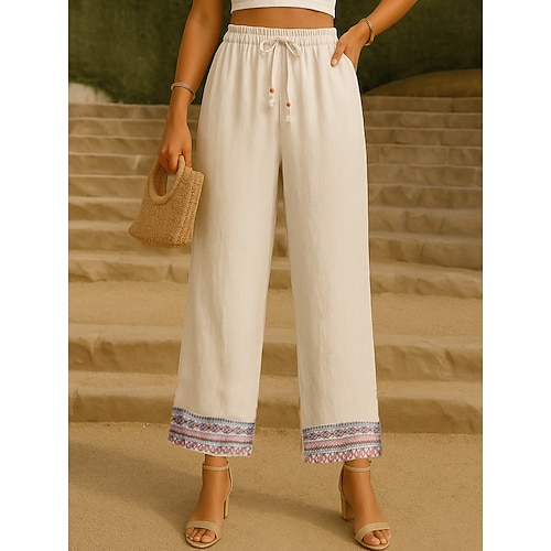  Mujer Pantalones de lino y algodón Chinos Pantalones Moda Estilo Étnico Básico Longitud total Alta cintura Floral Bordado Bolsillo Correa Comodidad Al Aire Libre Microelástico Vacaciones Calle Diario