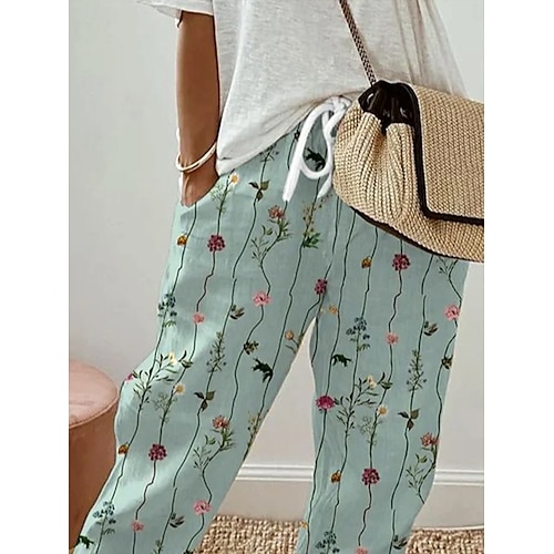  Femmes Chinos Vacances ancien Style Ethnique Longueur cheville Taille haute Fleuri Graphique Rayé Avec Poches Doux Extérieur Respirant Non Elastique Vacances Rue Décontracté Vert clair Été Printemps