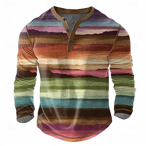  Homens Arco-Íris Geométrico Camisa Henley Camiseta Waffle Manga Longa Vintage Diário Retro Vintage Esportes Casual Feriado Primavera Verão Todas as Estações Marron Escuro Azul Verde Vinho Henley