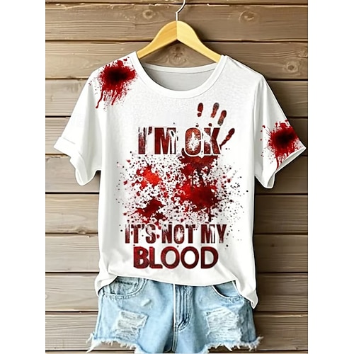  Halloween Kvinnors T-shirt Blodfläck Grafik Stilig Avslappnad Kortärmad Rund Nacke Regelbundna Tops Daglig Helg Tryck Vit Vinröd Sommar Vår