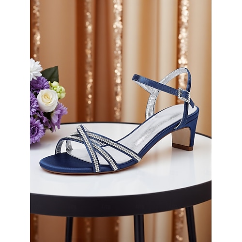 Women's Satin Party Sandals Elegant Navy Blue Open Toe Block