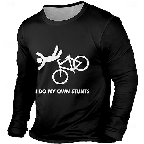  maglietta da uomo con scritta "I do my own stunts", maglietta a maniche lunghe con stampa 3D, girocollo, moda, basic, street casual, abbigliamento quotidiano, nero, rosso e blu.
