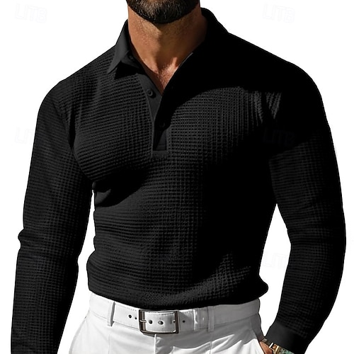  Homme Chemises Polo Gaufre Chemise de golf Rue Occasionnel Revers manche longue Basique Moderne Uni Texturé Boutons Printemps Automne Toutes saisons Coupe régulière Noir Blanche Jaune Bleu Rouge Grise