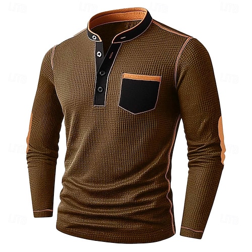  Męskie Koszula Henley z waflami Koszulki Długi rękaw Jednokolorowe Równina Moda Designerskie Codzienny Kolorowy blok Guziki Henley Na zewnątrz Codzienny Lato Jesień Zima Czarny Granatowy Khaki