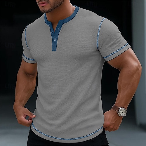  Men's Waffle Henley Shirt Tee Short Sleeve Solid Color Casual Buttons Henley Outdoor Casual Daily Summer Black White Yellow Henley T-Shirt