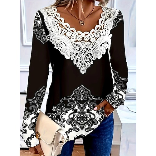  Blouse Femme Tunique Dentelle Écaille Col V Manches Longues Graphique Paisley Plantes Col Rond Regular T-shirts Imprimé Quotidien Sortir Week-end Imprimé Dentelle Noir Printemps Automne Préautomne