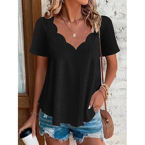  Women's Summer Tops Solid Color Stylish Casual Short Sleeve V Neck Regular Tops Daily Black White Pink Light Blue Summer Spring