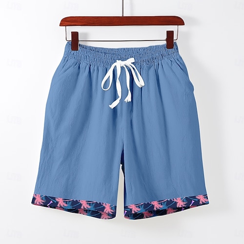  Herre Shorts i bomullslin Shorts Sommershorts Strandshorts Elastisk midje Snorer Trykt mønster Dyr Komfort Pustende Knelengde utendørs Ferie Ut på byen Ferie Hawaiisk Rosa Blå Mikroelastisk