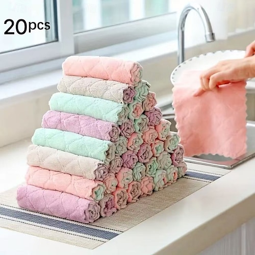 Lot de 20 torchons en microfibre, serviettes de nettoyage double face pour la cuisine, torchons réutilisables, chiffons à récurer pour la vaisselle, fournitures de nettoyage multi-usages et