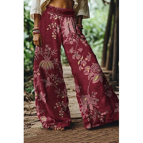  Femmes Culottes Jambe Large Vacances ancien Style Ethnique Longueur complète Taille haute Fleuri Graphique Séchage Rapide Respirabilité Doux Non Elastique Formel Extérieur Vacances Couleur Rubis