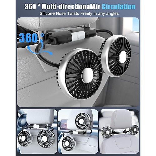  USB Car Fan for Backseat, Dual Rearseat Fans for Kids Separated Controlled Heads and 2 LED Lights 360 Rotatable Cooling 3 Speeds Auto Cooler for Car