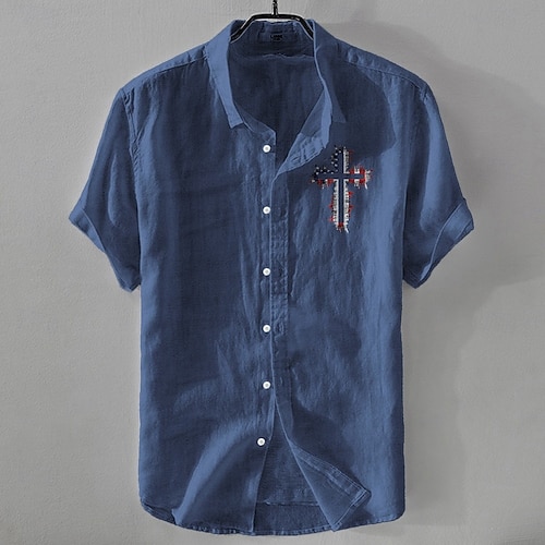  Herren Leinenhemd Freizeithemd Baumwoll-Leinen-Hemd Knopfhemd Muster Urlaub Straße Weiß Dunkelmarine Himmelblau Khaki Kurzarm Revers Sommer Bekleidung Schnalle
