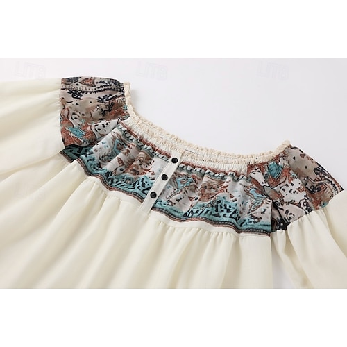  Dame Vestlig bluse Boho skjorte Bluse Blomsternål i krystall Moderne Bohem Langermet Løse skuldre Vanlige topper Daglig Ut på byen Trykt mønster Aprikos Sommer