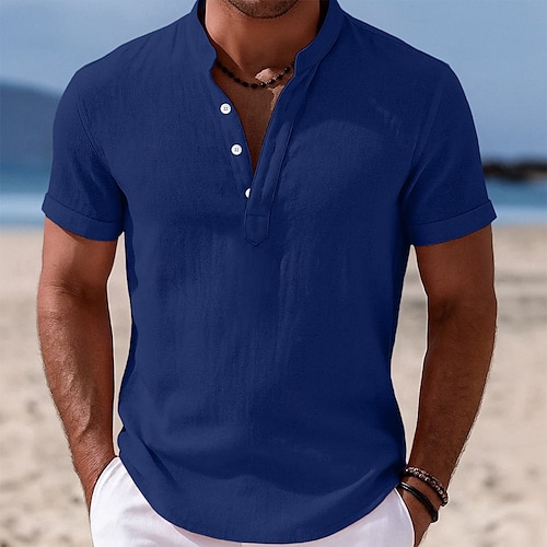  Men's Shirt Linen Shirt Band Collar Shirt Popover Shirt Summer Shirt Beach Wear Plain Vacation Casual Black White Yellow Pink Short Sleeve Stand Collar Summer Clothing Apparel