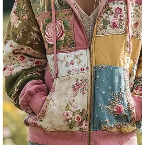  Kvinners 3D Print Hetter Sweatshirt Jakke Langermet Zip Up Hetter Med Lomme Lett Kledelig Mikrodeformbar Zip Up Hetter Blomster Grafisk Gate Hverdagsklær Patchwork Lomme Gul Rosa Høst