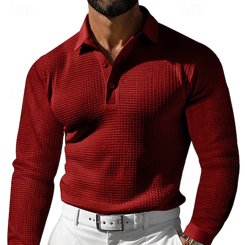  Homme Chemises Polo Gaufre Chemise de golf Rue Occasionnel Revers manche longue Basique Moderne Uni Texturé Boutons Printemps Automne Toutes saisons Coupe régulière Noir Blanche Jaune Bleu Rouge Grise