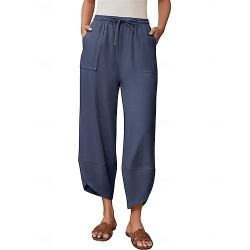  Damen Hose aus Baumwollleinen Chinos Mode Basic Volle Länge Hohe Taille Einfach Tasche Kordelzug Komfort Außenbereich Mikroelastisch Urlaub Straße Täglich Armee-Grün Schwarz Blau Khaki Sommer