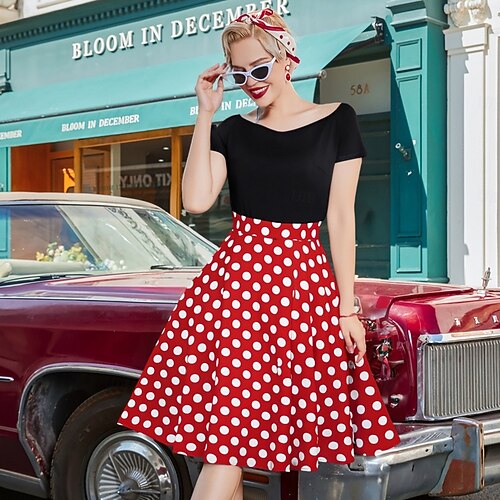 off the shoulder rockabilly dress Amazon.com: Women 50s 60s Retro Rockabilly Swing Dress Off Shoulder Short Sleeve Vintage Cocktail Patchwork Polka Dot Dresses: Clothing, Shoes & Jewelry
