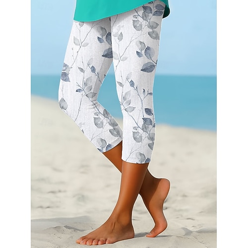  Women's Leggings Capri Pants High Elasticity Fashion Streetwear Full Length High Waist Floral Printing Thermal Warm Breathable Soft  Outdoor Daily White Summer Spring Fall Regular Fit