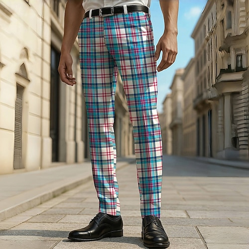 Men's Geometric Tartan Grid Plaid Dress Pants Trousers Casual Pants Mid Waist Casual Formal Vacation Office Daily Summer Spring Fall 3D Print Blue