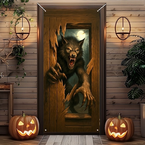  Halloween Dörrskydd – Ond demon som kommer fram ur en träddörr Inträdesbanner till hemsökt hus Spöklik utomhus- och inredningsdekoration för Halloween 2025 i sovrum vardagsrum badrum
