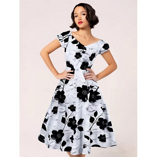Retro Vintage 1950s Rockabilly Midi Swing Dress Flare Dress Fit and Flare  Floral Fancy Dress Women's Masquerade Vacation Casual Retro Theme Party  Adults Dress Spring & Summer 2026 - $32.99