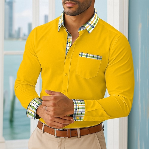  Hombre Camisa Camisa de verano Camisa casual Abotonar la camisa Bloque de color Vacaciones Negocio Blanco Amarillo Azul Marino Verde Trébol Manga Larga Cuello Primavera & Otoño Todas las Temporadas