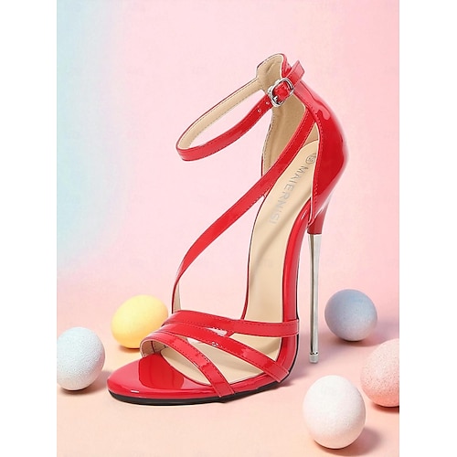 Sandales à lanières en PU verni rouge pour femmes - talons aiguilles avec bride à la cheville pour les looks de la vie nocturne, des clubs et des fêtes Sandales à lanières en PU verni rouge pour femmes - talons aiguilles avec bride à la cheville pour les looks de la vie nocturne, des clubs et des fêtes