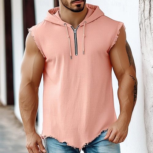  Herren Leinenhemd Tank Top Weste Unterhemd Ärmellos Mit Kapuze Sommer Einfach Mode Klassisch Modern Viertel Postleitzahl Straße Lässig Sport Schwarz Rosa Blau Top T-Shirt für Herren